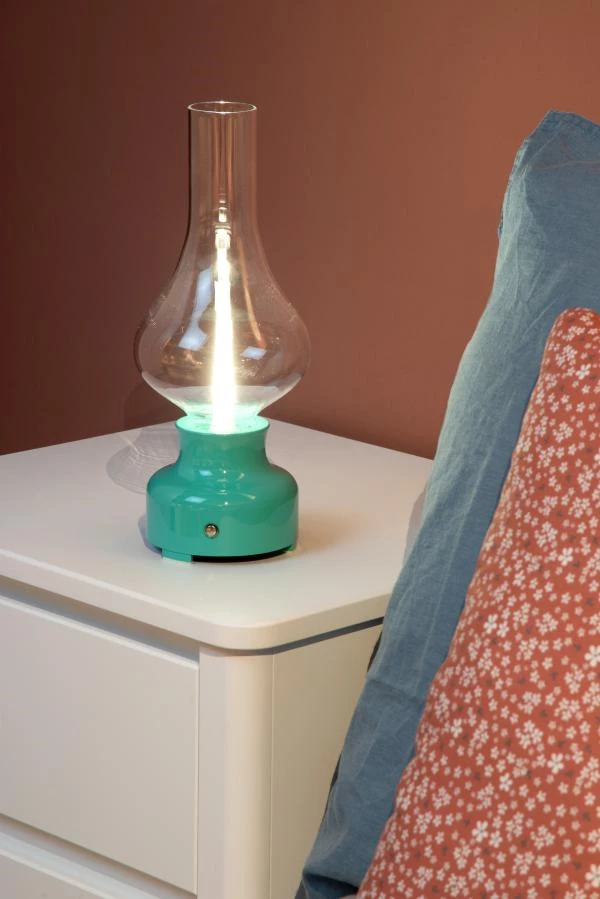 Lucide JASON - Lampe de table Rechargeable - Batterie/Piles - Ø 12 cm - LED 3 StepDim - 1x2W 3000K - Turquoise - ambiance 1